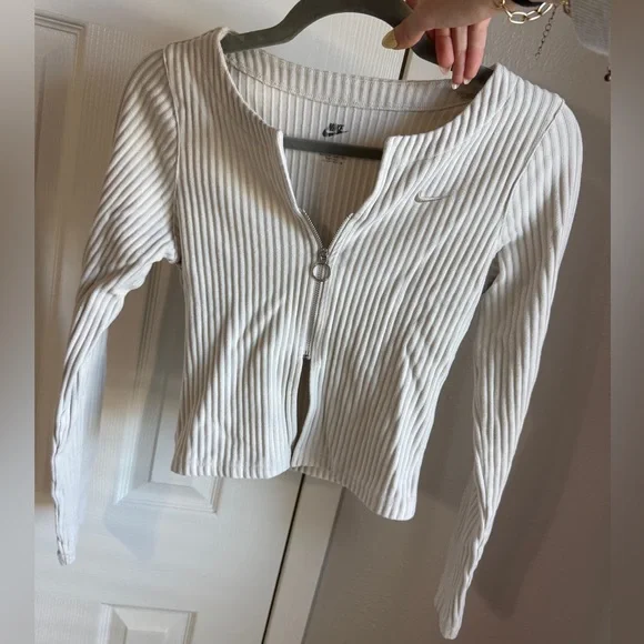 NIKE Chill Ribbed Slim Full Zip Cardigan Women’s Bone White Zip Up Jacket Sz S - Picture 3 of 7